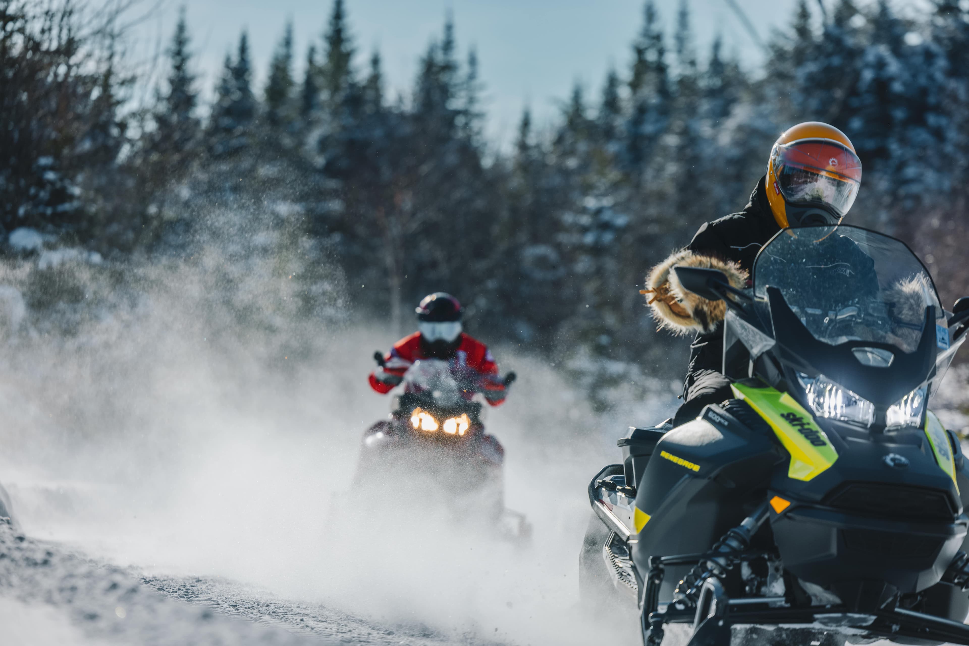 Close-up of two snowmobilers riding on a snow-covered trail, with snow-covered trees in the background.